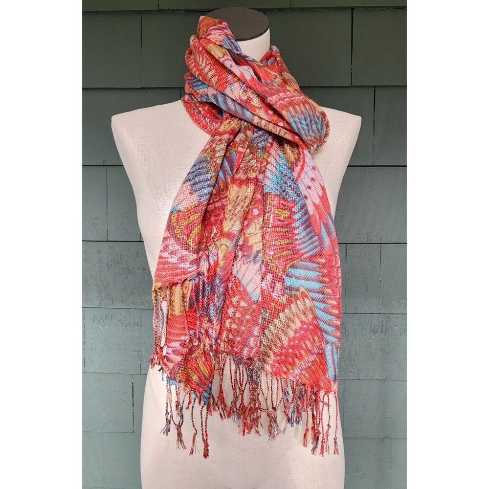 Joe Boxer Orange Turquoise Acrylic Metallic Rectangle Scarf with Fringe 72 X 20